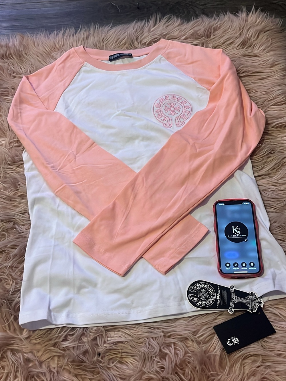 Chrome Hearts White Tee with Peach Raglan Sleeves